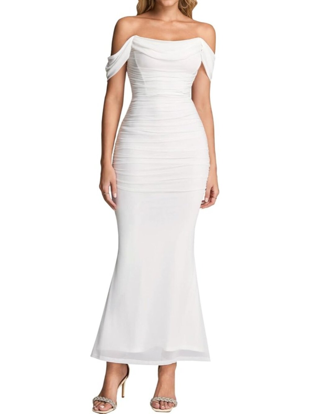 Women's White Corset Ruched Off The Shoulder Bodycon Cocktail Maxi Dress